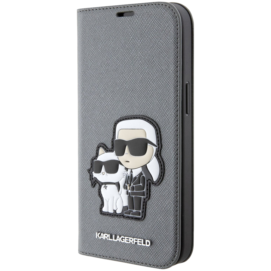 Lagerfeld для iPhone 13 Pro чехол PU Saffiano NFT Karl & Choupette Booktype Silver