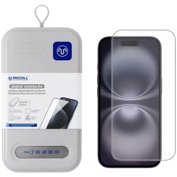 Защитное стекло MOCOLL 2.5D iPhone 16 / 15 / 14 Pro + Установочный комплект