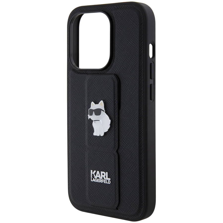 Lagerfeld для iPhone 15 Pro чехол GripStand PU Saffiano NFT Choupette metal Hard Black
