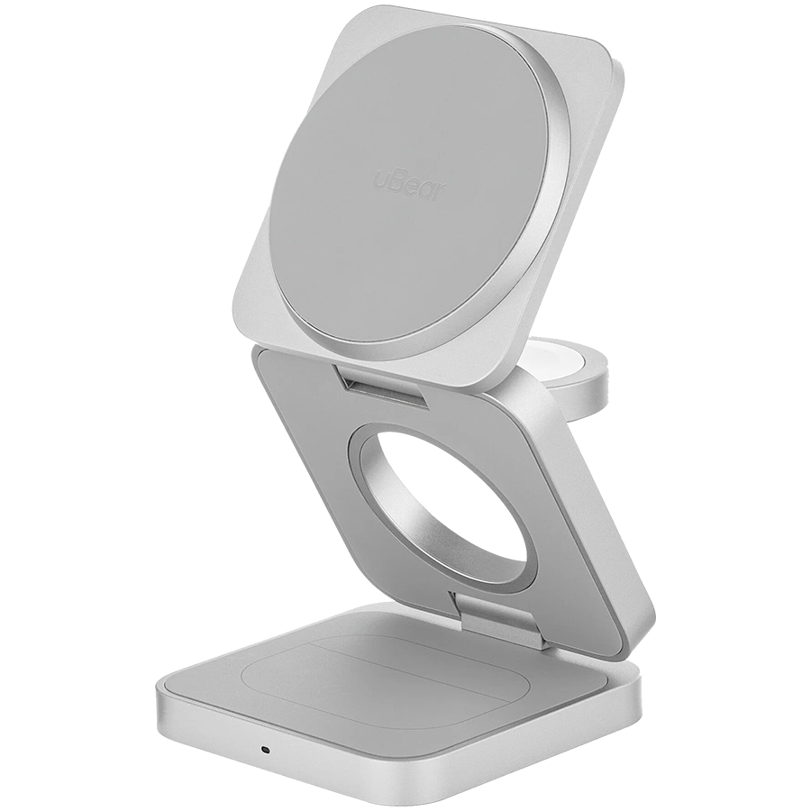 Беспроводное зарядное устройство uBear Balance Ultra, 3-в-1, с поддержкой MagSafe, Qi2, цвет: серебро 