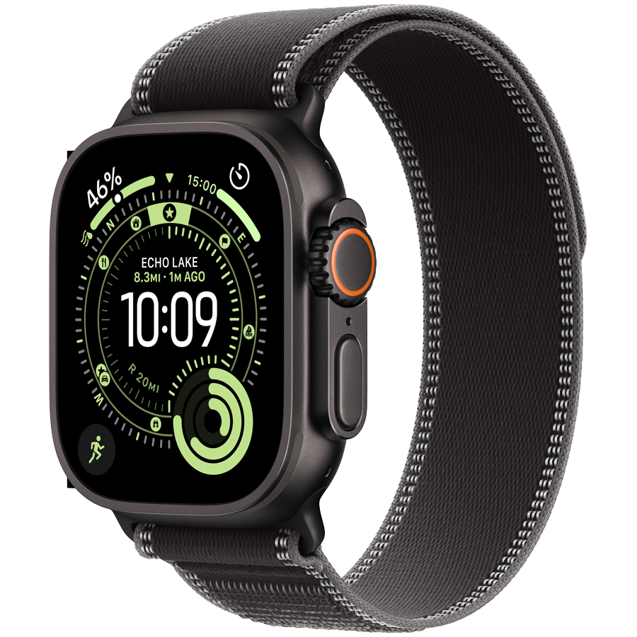 Apple Watch Ultra 3, GPS + Cellular, 49mm, Black Titanium Case with Black/Charcoal Trail Loop - S/M