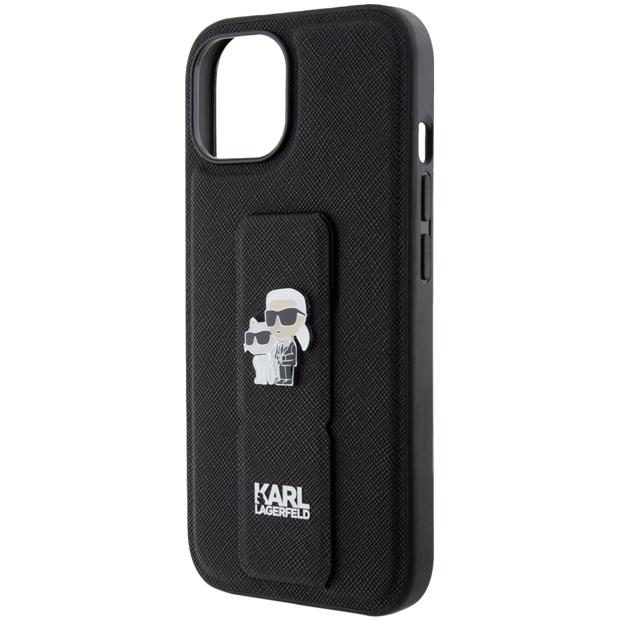 Чехол LAGERFELD GripStand PU Saffiano NFT Karl & Choupette metal Hard Чёрный для iPhone 15