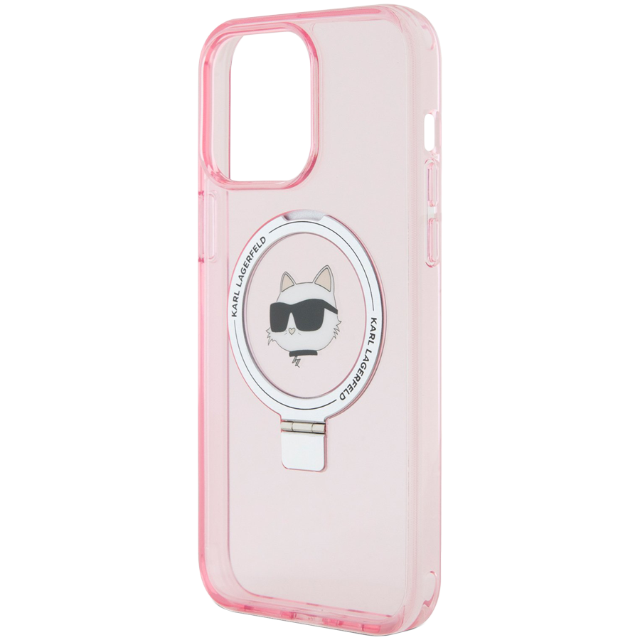 Lagerfeld для iPhone 15 Pro Max чехол PC/TPU + Ring stand NFT Choupette head Hard Pink (MagSafe)