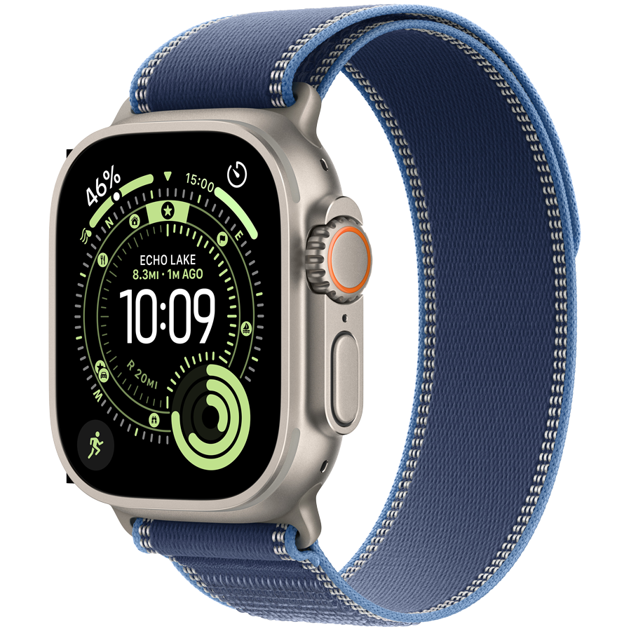 Apple Watch Ultra 3, GPS + Cellular, 49mm, Natural Titanium Case with Blue/Bright Blue Trail Loop - S/M