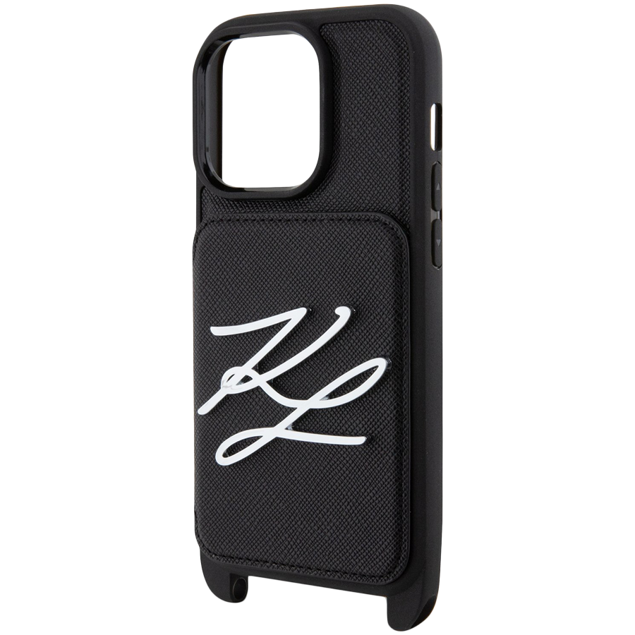 Lagerfeld для iPhone 15 Pro чехол Crossbody cardslot PU Saffiano Autograph Hard Black