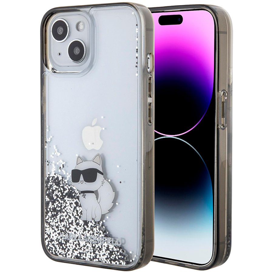 Чехол LAGERFELD Liquid Glitter NFT Choupette Hard Прозрачный чёрный для iPhone 15